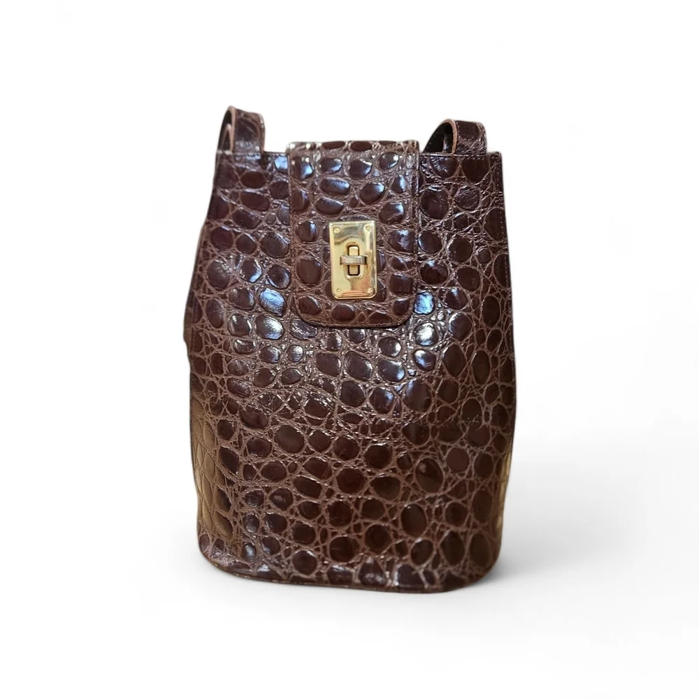 Brown Croc-Embossed Shoulder Bag